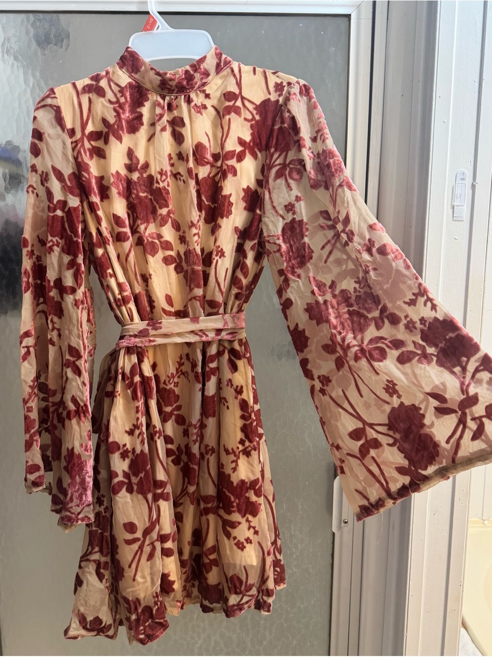 Vici Cream and Burgundy Floral Long-Sleeve Mini Dress